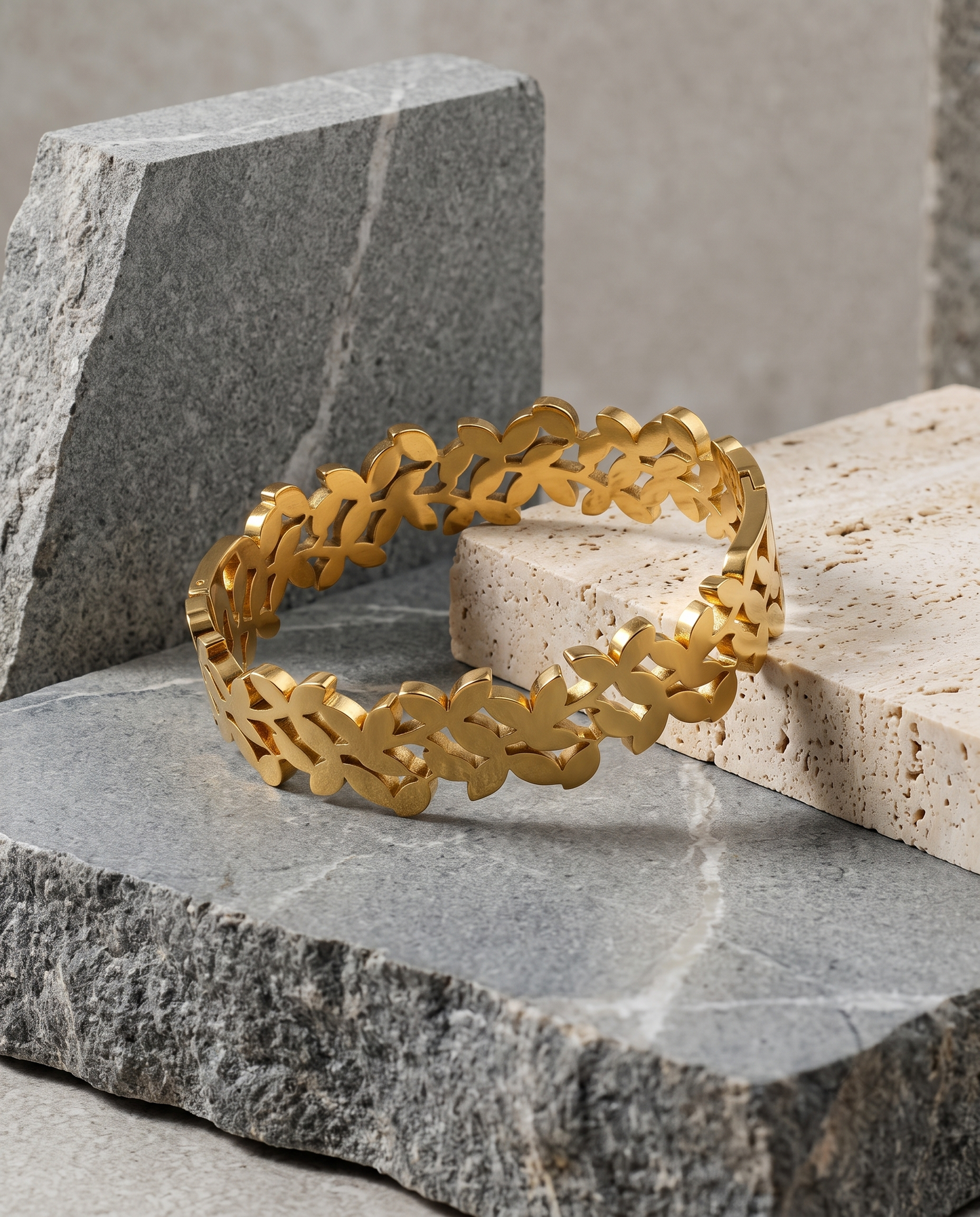Golden Leaf Link Hinged Bangle Bracelet