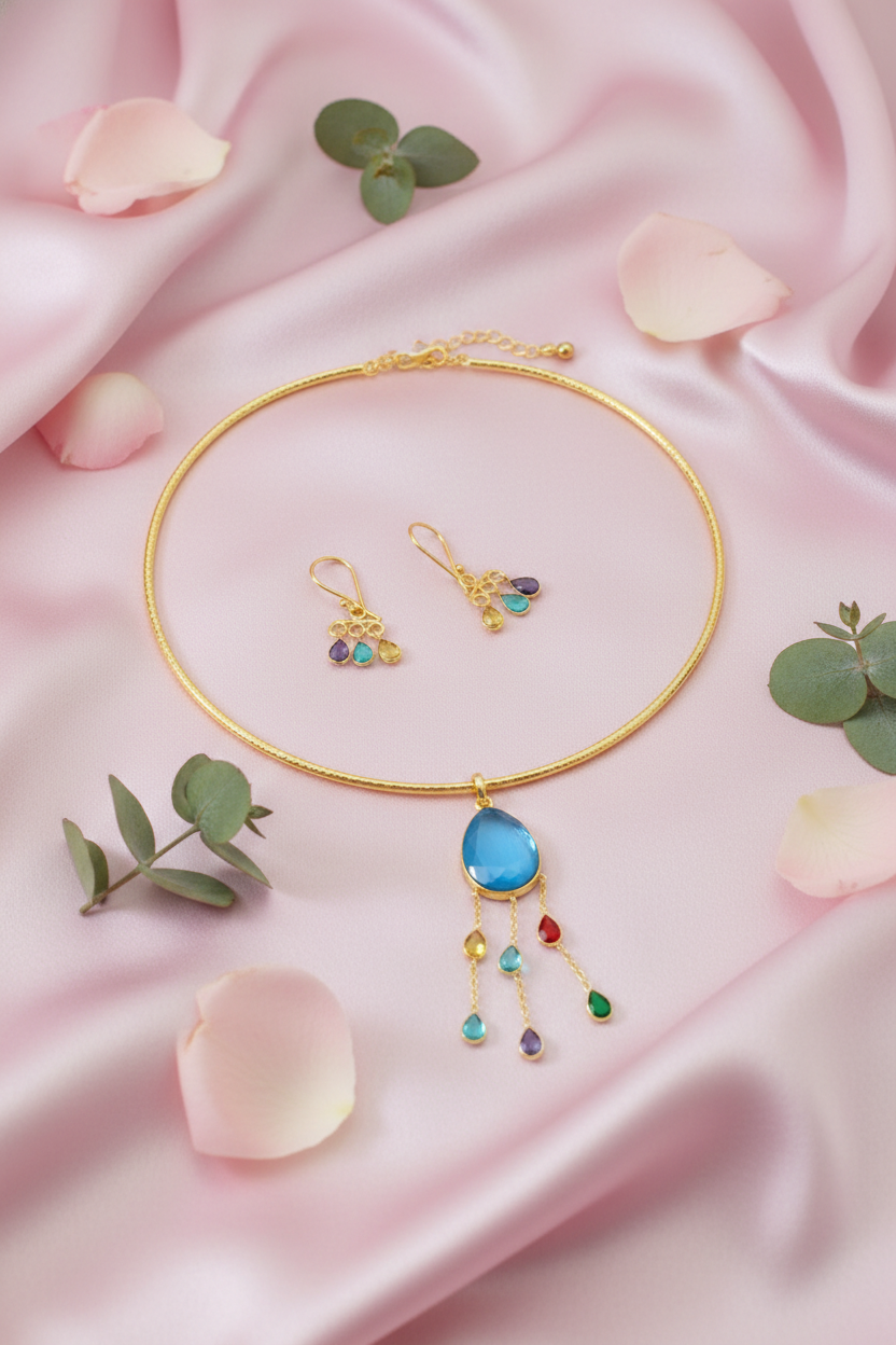 Hansuli Necklace with Blue Pendant & Multicolor Raindrop Dangles – Gold Plated Brass Statement Choker Set