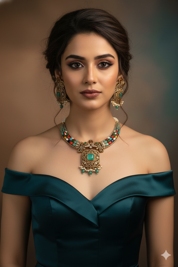 Antique Peacock Temple Necklace with Navaratna Stones & Emerald Center