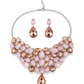 Korean Peach Pink Glass Stone Jewelry Necklace & Earrings Set | Rhodium Plated Luxury Party Jewelry