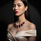 Korean Red Rectangular Glass Stone Glass & AD Stone Necklace Set | Rhodium Plated Bridal & Party Jewelry with Earrings