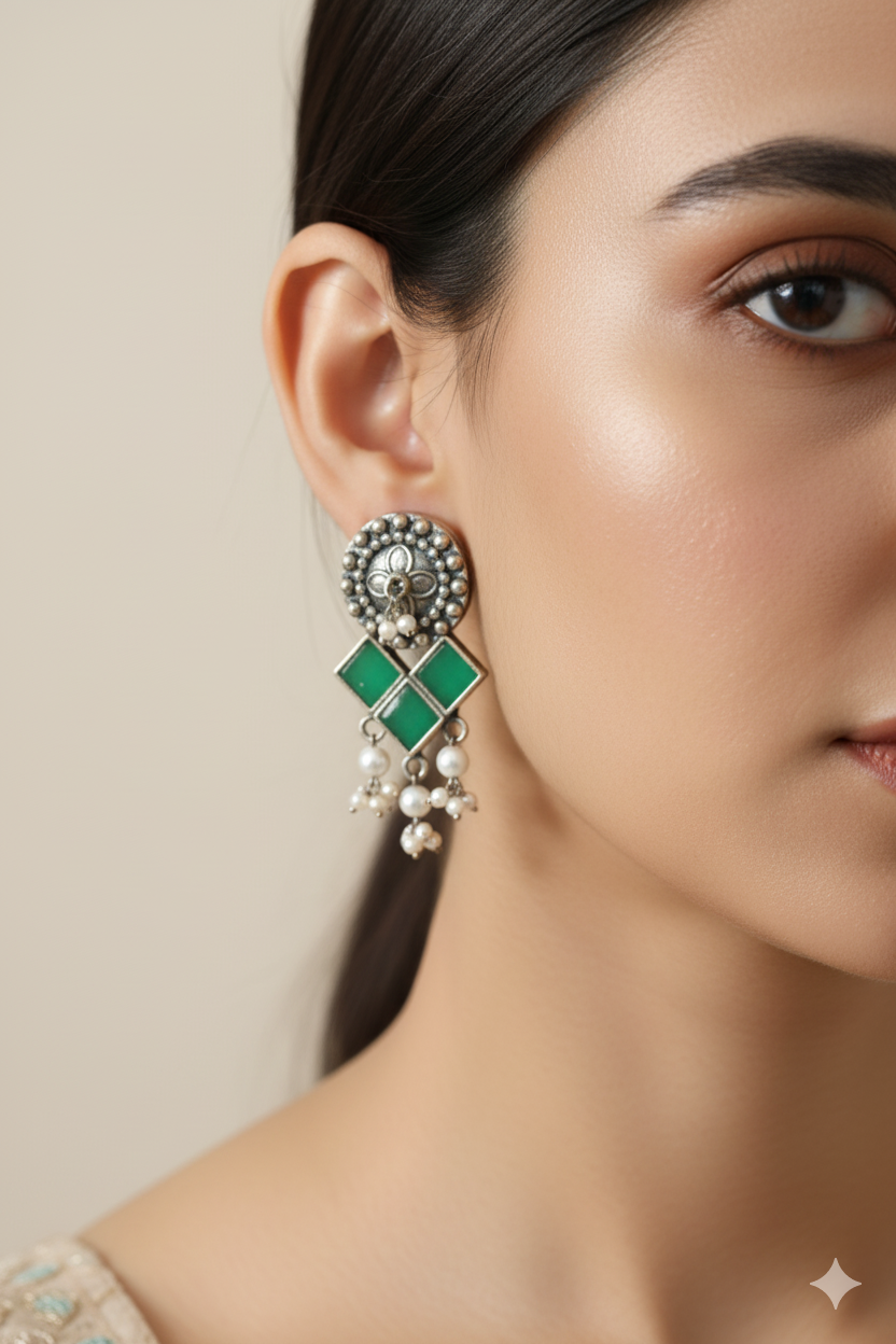 Green Monalisa Stone Square Oxidised Stud Earrings