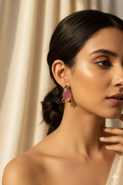 Natural Druzy Slice Earrings – Pink with Green Stud | Gold‑Plated Brass, Anti‑Tarnish