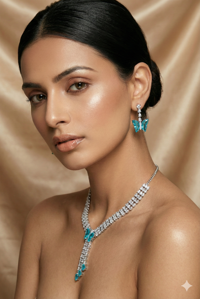 Aqua Butterfly Drop Korean Glass Stone Necklace Set | Statement Jewellery