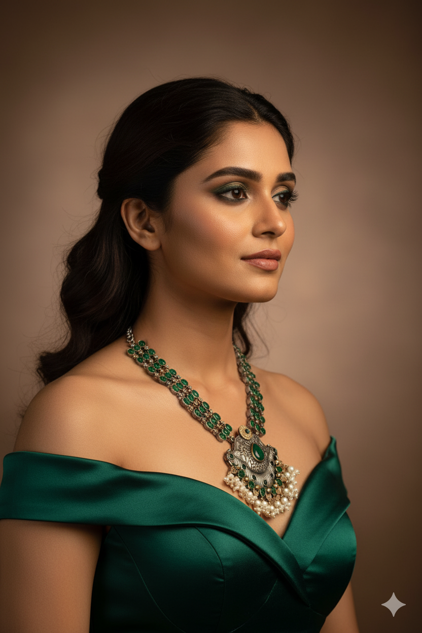 Traditional Green Stone Oxidised Pendant Necklace for Women