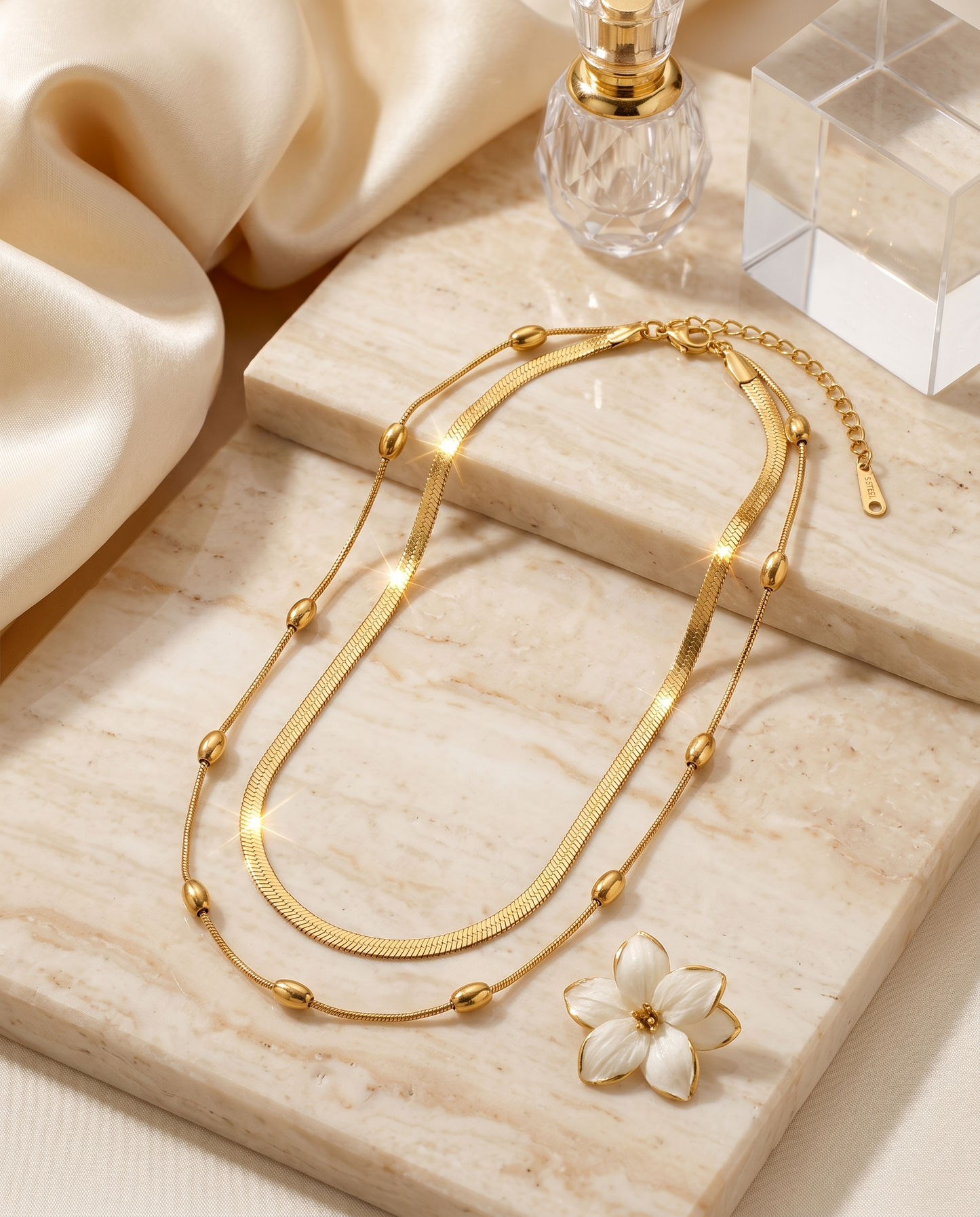 Layered snake chain necklace and earrings set, gold plated, waterproof – worn styled shot