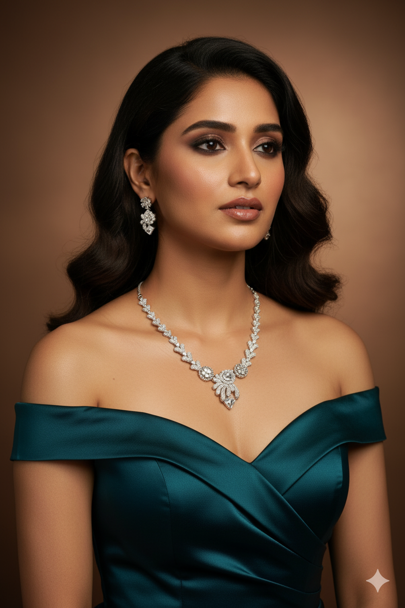 Princess Cut White Floral Necklace Set