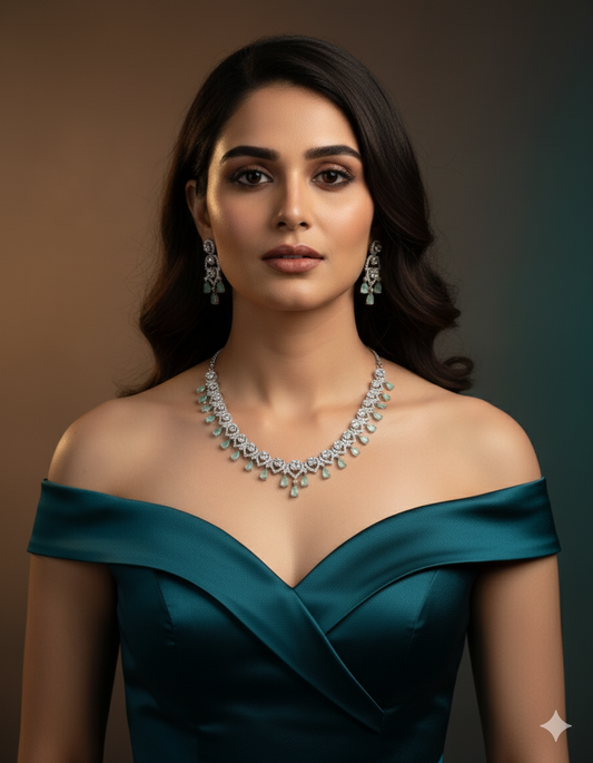 Aqua Droplet Diamond Necklace Set