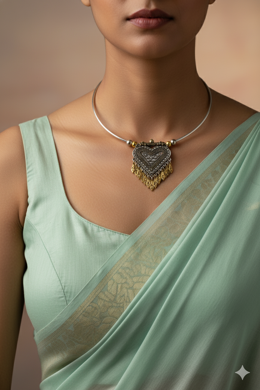 Dual Tone Oxidised German Silver Heart Hansuli Necklace for Women