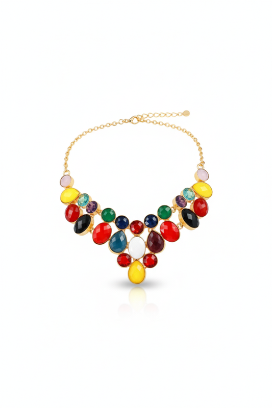 Multicolor Natural Stone Bib Statement Necklace | Brass Anti Tarnish | Lightweight