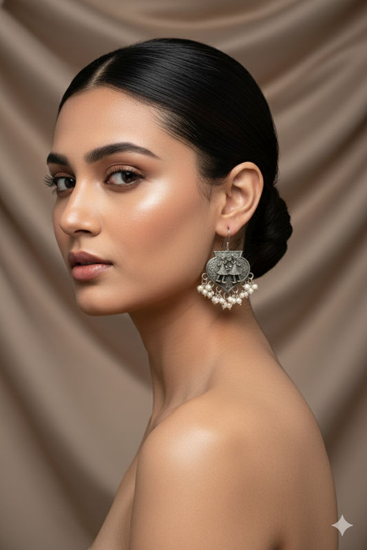 Oxidised German Silver Folk Dancer Earrings with Pearl Drops