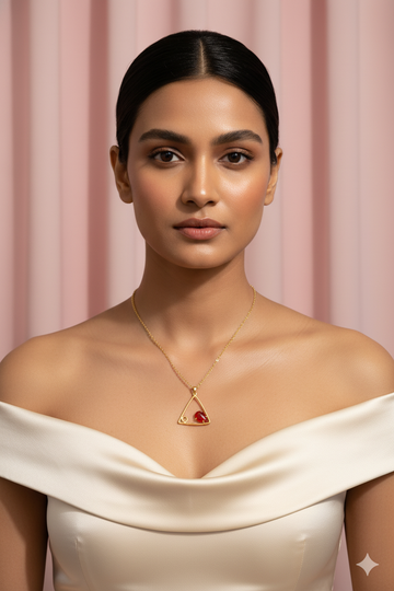 Geometric Triangle Pendant with Red Stone | Natural Stone Chain Pendant, Gold-Plated Brass
