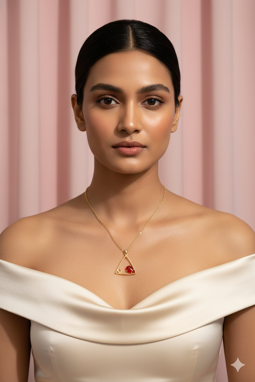 Geometric Triangle Pendant with Red Stone | Natural Stone Chain Pendant, Gold-Plated Brass