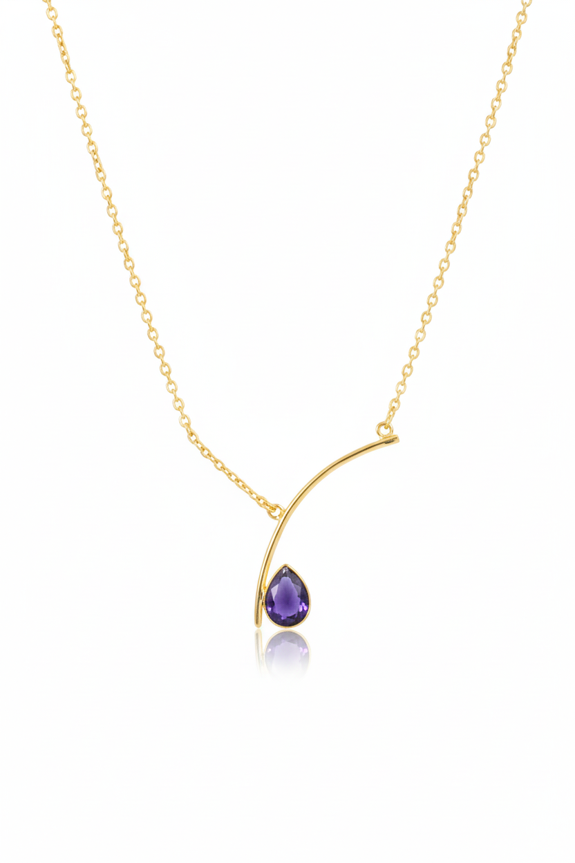 Curved Bar Chain Necklace with Purple Teardrop Natural Stone | Brass Anti Tarnish | Lightweight