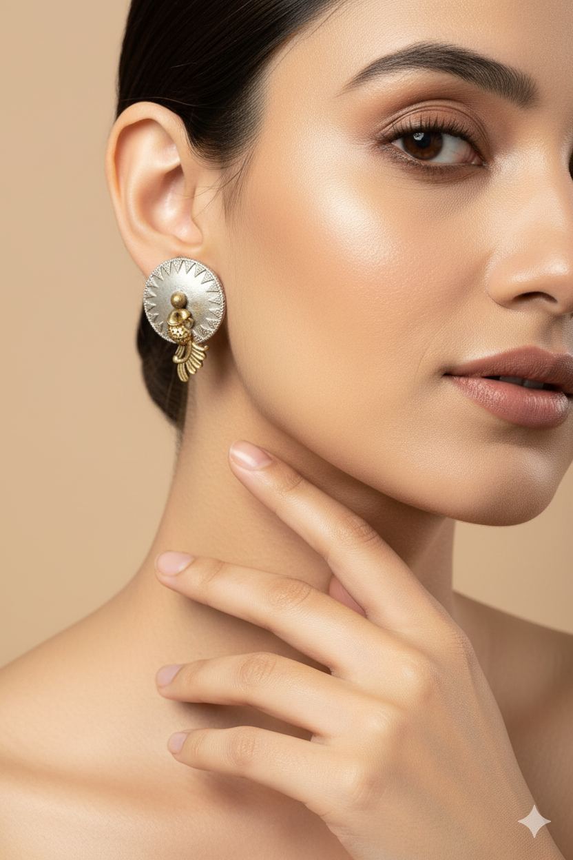 Round Dome Peacock German Silver Earrings – Antique Gold Oxidised Finish