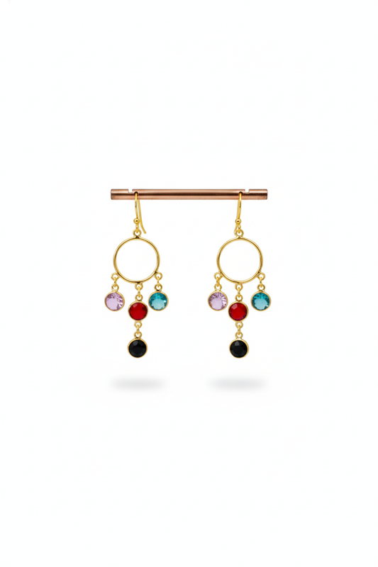 Circle Charm Dangle Earrings – Blue, Red & Black Stones | Natural Stone, Gold‑Plated Brass