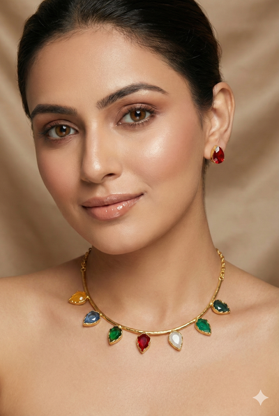 Pear-Drop Multicolour Necklace Set – Brass Gold Plated | Anti-Tarnish Coated
