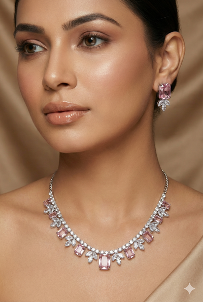 Pink Korean Glass Stone Necklace Set | Premium Crystal Jewellery