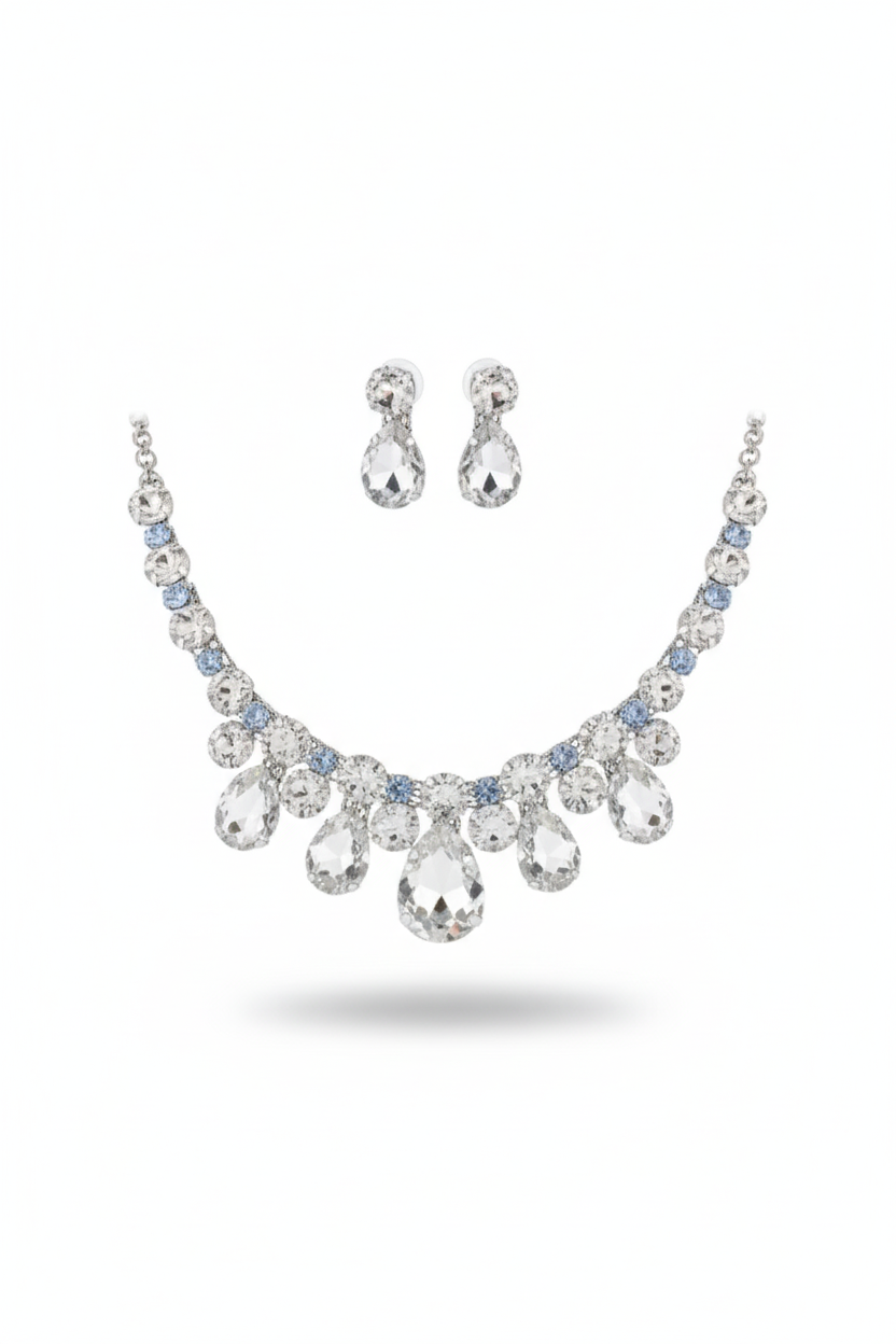 Crystal Clear & Blue Korean Glass Stone Jewelry Necklace Set | Rhodium Plated Elegant Bridal Jewelry with Earrings