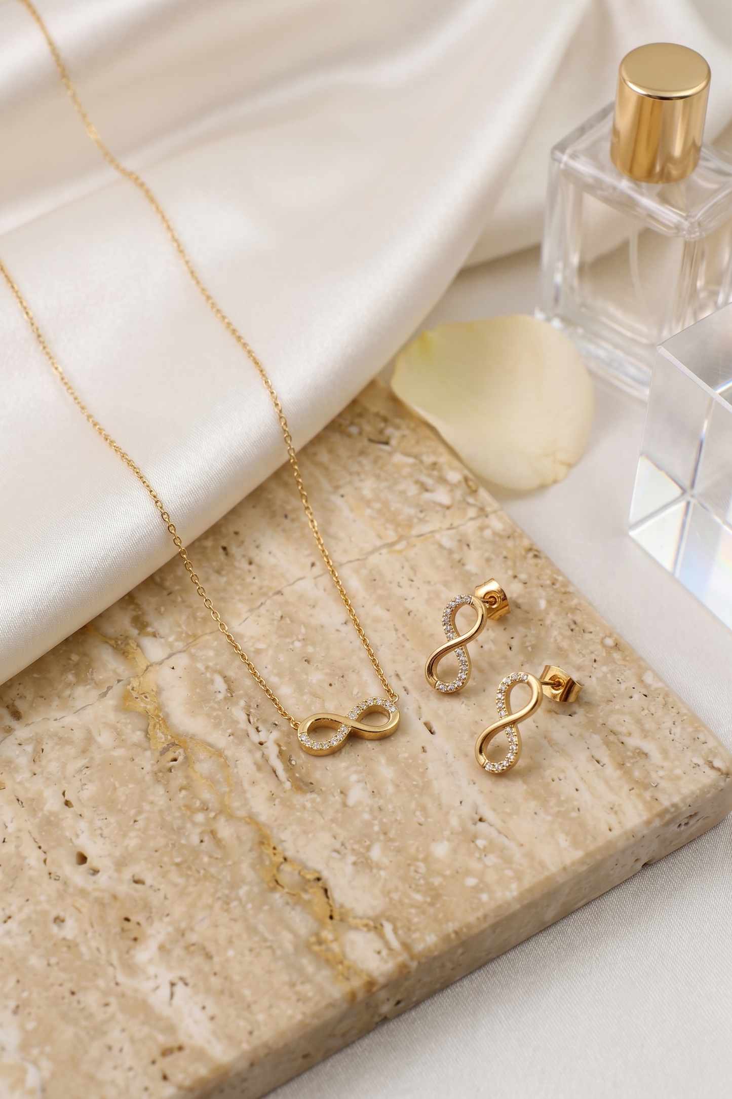 Infinity lucky 8 necklace and matching earrings set, 18K gold plated – worn styled shot