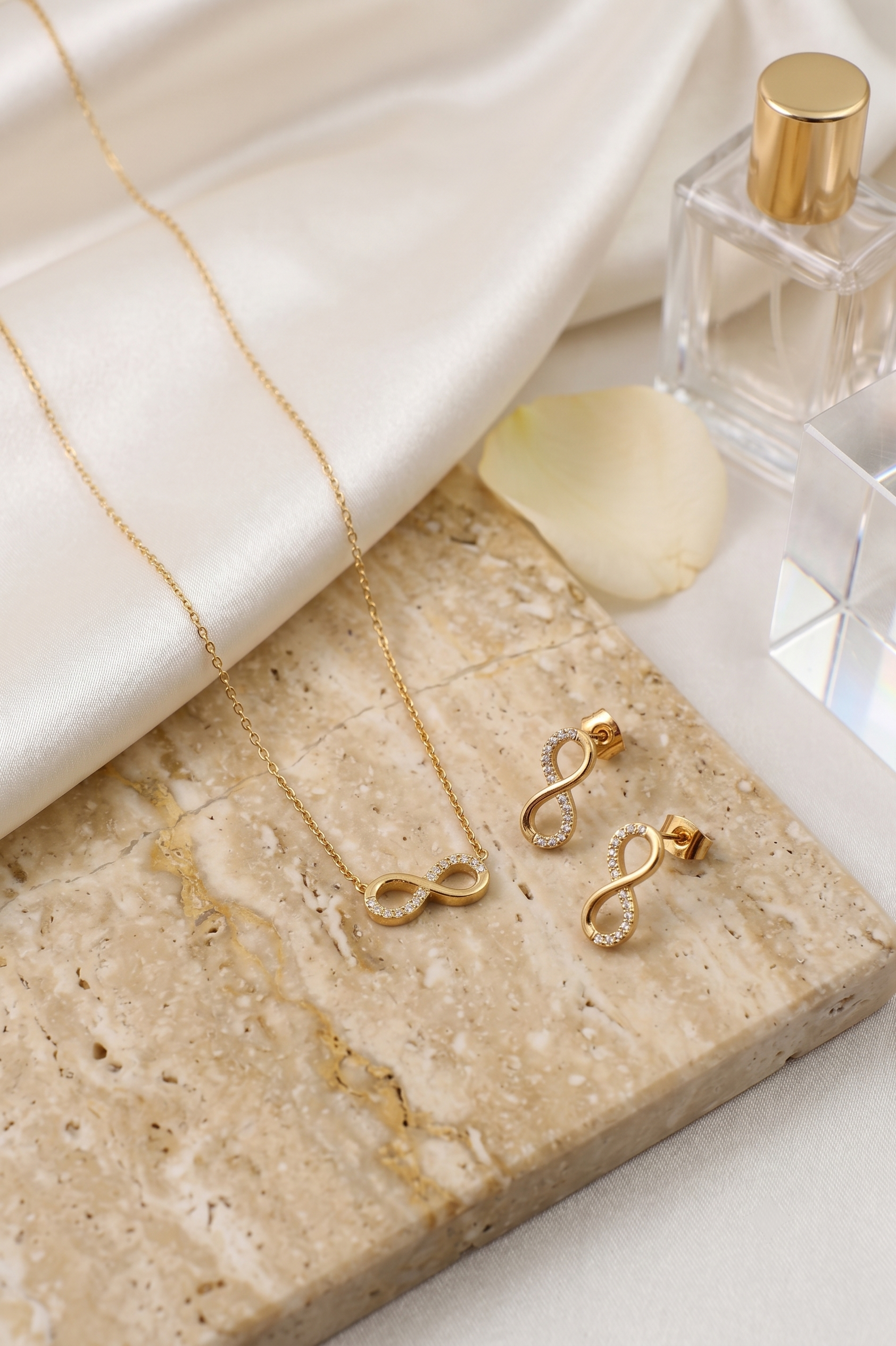 Infinity lucky 8 necklace and matching earrings set, 18K gold plated – worn styled shot