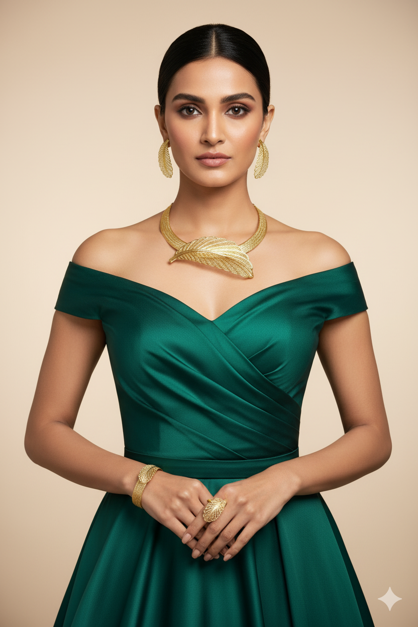 Gold Plated Feather Motif Bridal Jewellery Set with AD Accents (Necklace, Earrings, Bracelet, Ring) | Anti‑Tarnish
