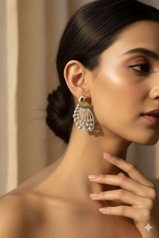 Antique Peacock Oxidised German Silver Stud Earrings – Dual Tone