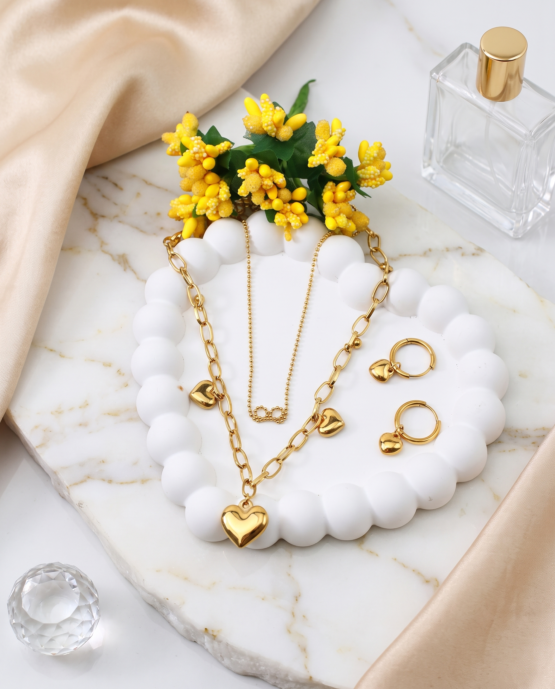 Double layer heart necklace and matching small circle heart earrings set, 18K gold plated – worn styled shot