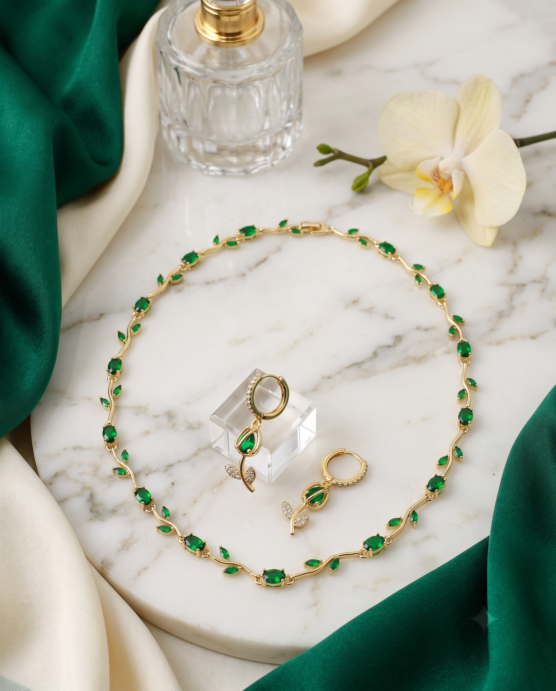 Green vine leaf necklace and matching drop earrings set, 18K gold plated – worn styled shot