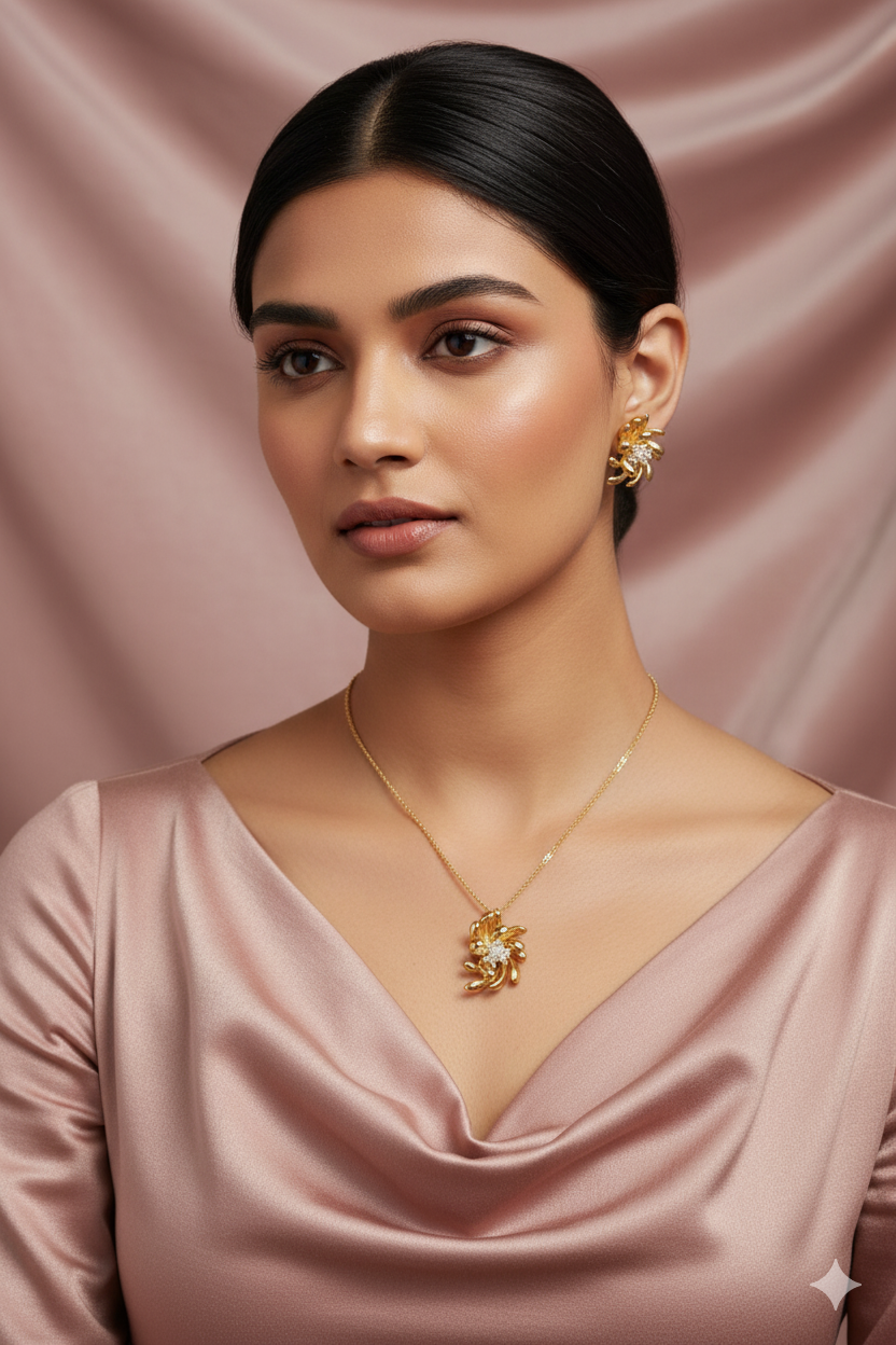 Golden Bloom Pendant Set - Floral Design Gold Plated Jewelry Set | Anti Tarnish Coating