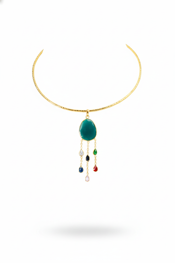 Hansuli Necklace with Green Pendant & Raindrop Dangles | Brass Anti Tarnish | Lightweight