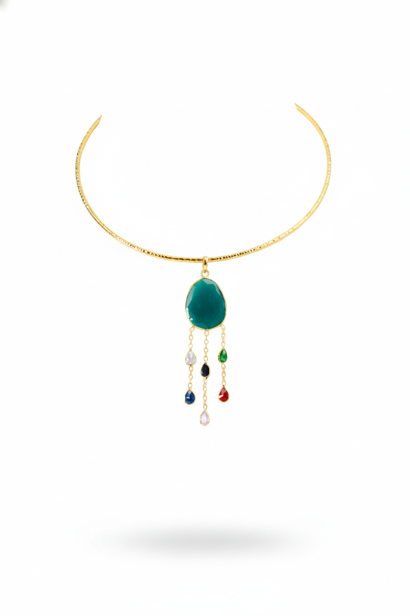 Hansuli Necklace with Green Pendant & Raindrop Dangles | Brass Anti Tarnish | Lightweight