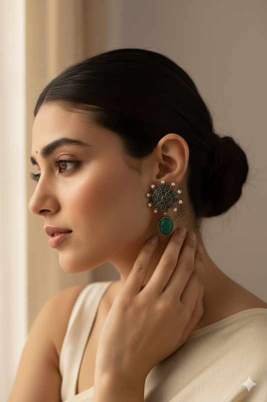 Mandala Top & Green Monalisa Drop Oxidised German Silver Earrings with Pearls