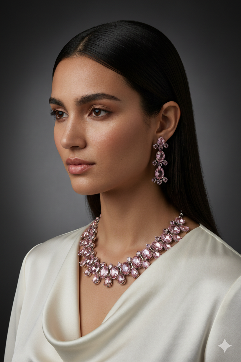 Korean Pink Oval Glass Stone Glass & AD Stone Necklace Set | Rhodium Plated Luxury Bridal Jewelry with Earrings