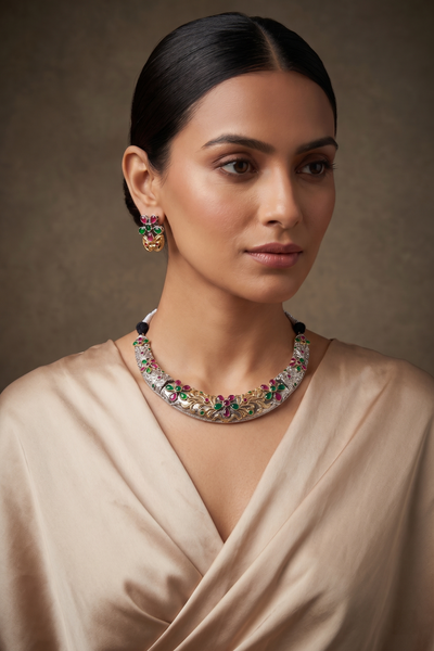 Festive Multicolor Dual-Tone Floral Collar Necklace Set