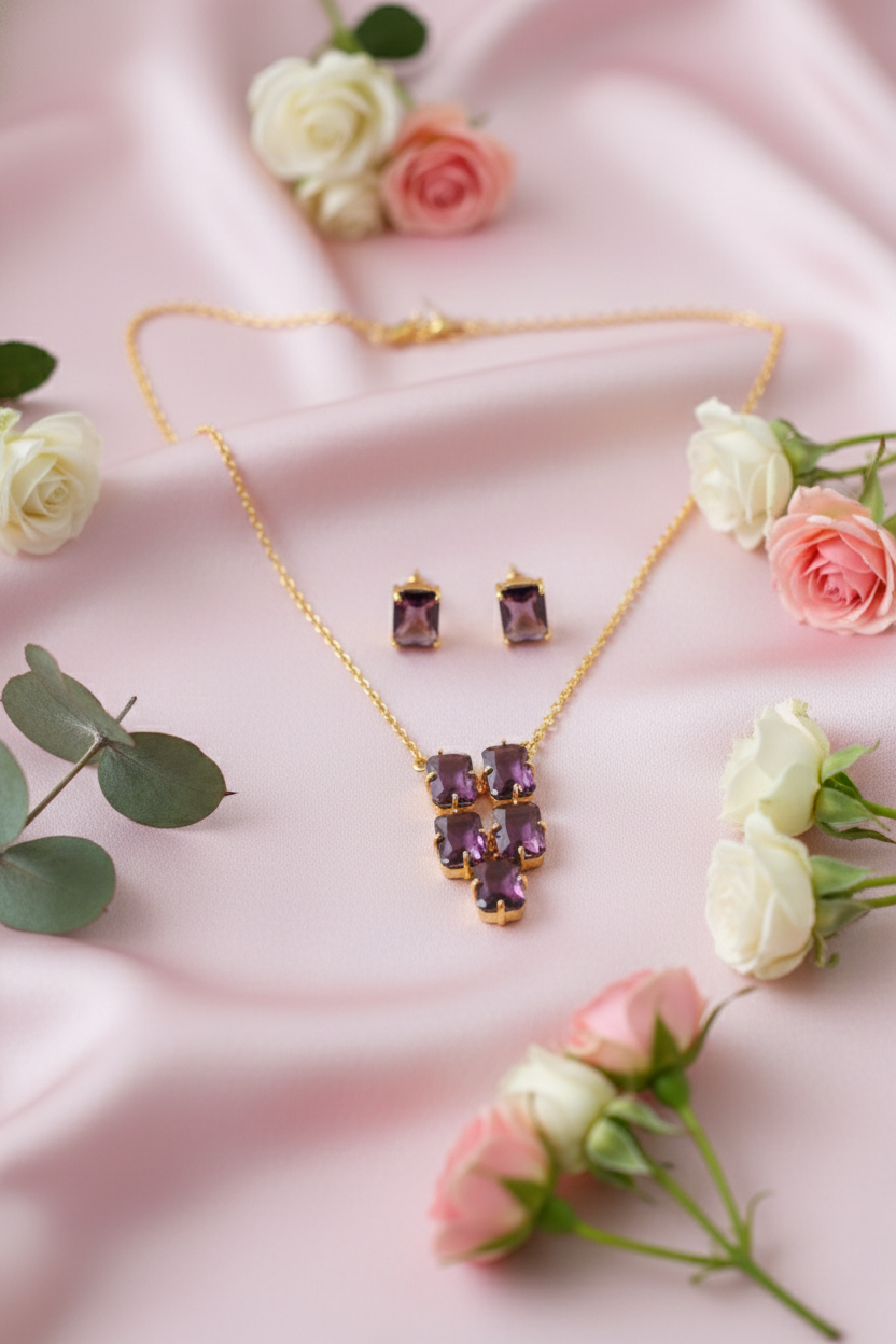 Amethyst Purple Natural Stone Cluster Statement Necklace Set – Gold Plated Brass Party Jewelry