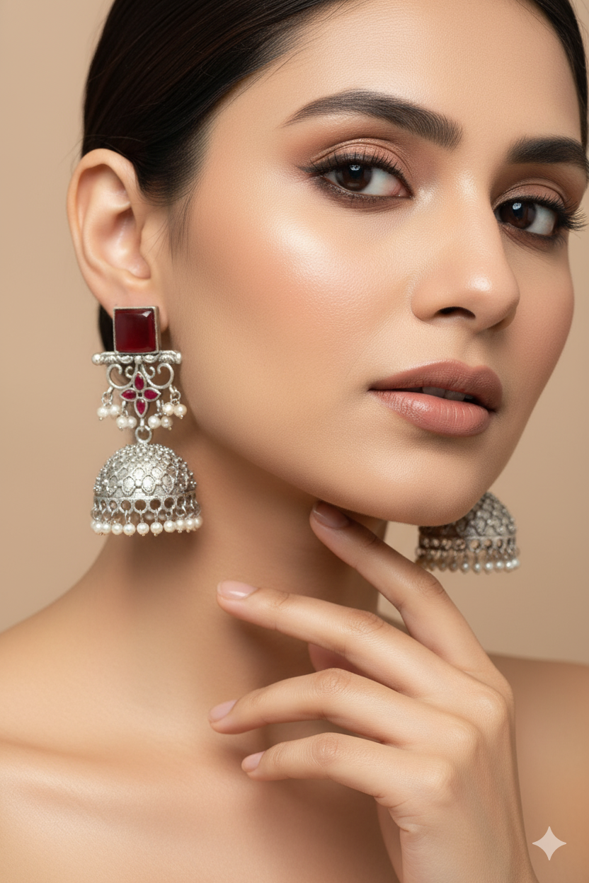 Red Monalisa Stone Oxidised Silver Dome Earrings