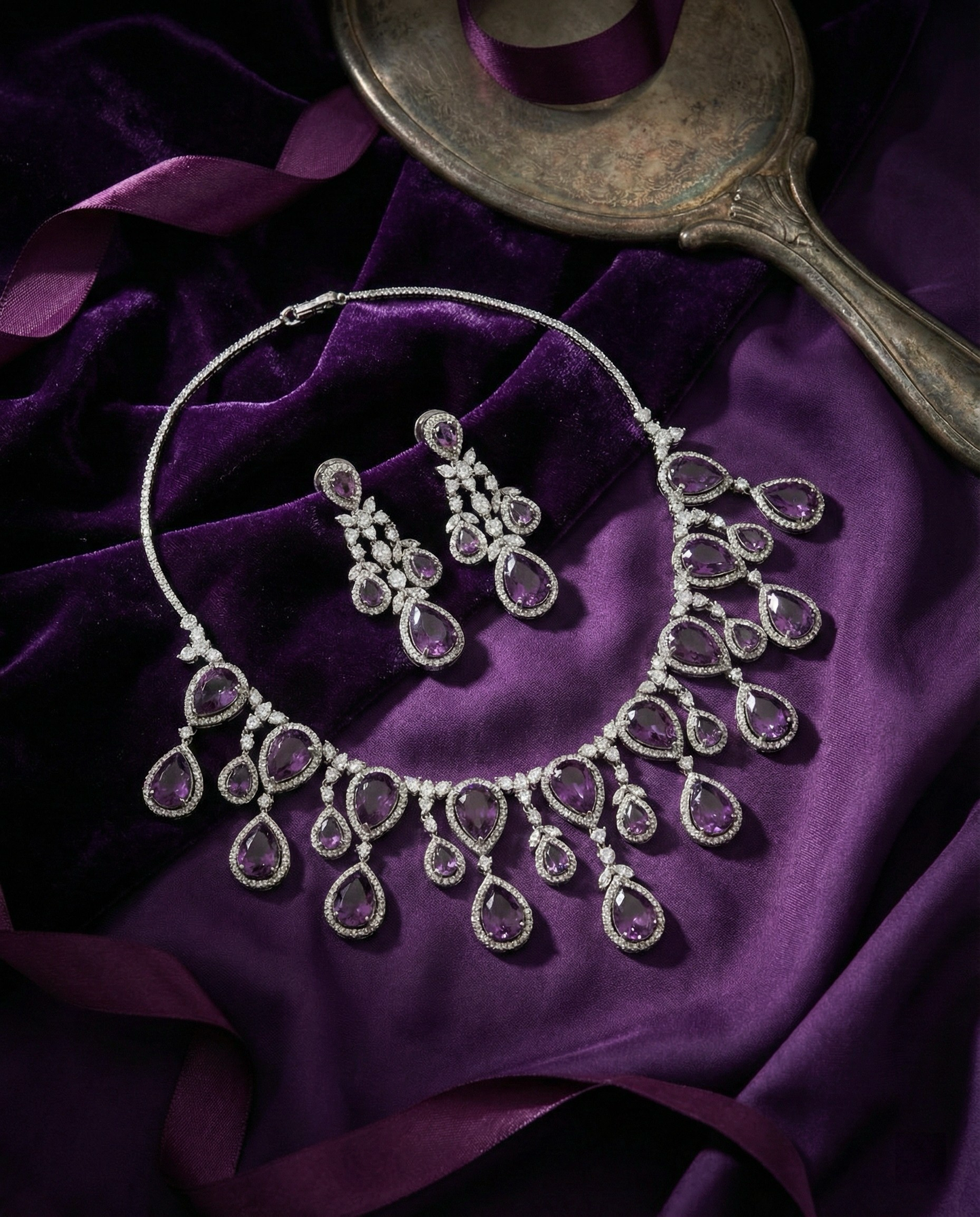 Amethyst Purple Teardrop Necklace Set with Crystal Detailing | Luxury Party Jewellery