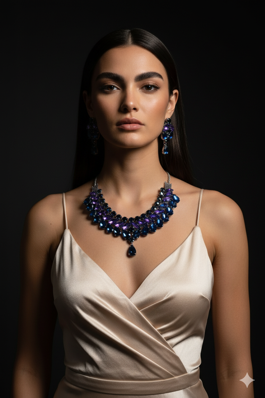 Korean Blue & Purple Glass Stone Jewelry Necklace Set | Rhodium Plated Bridal & Party Jewelry with Earrings