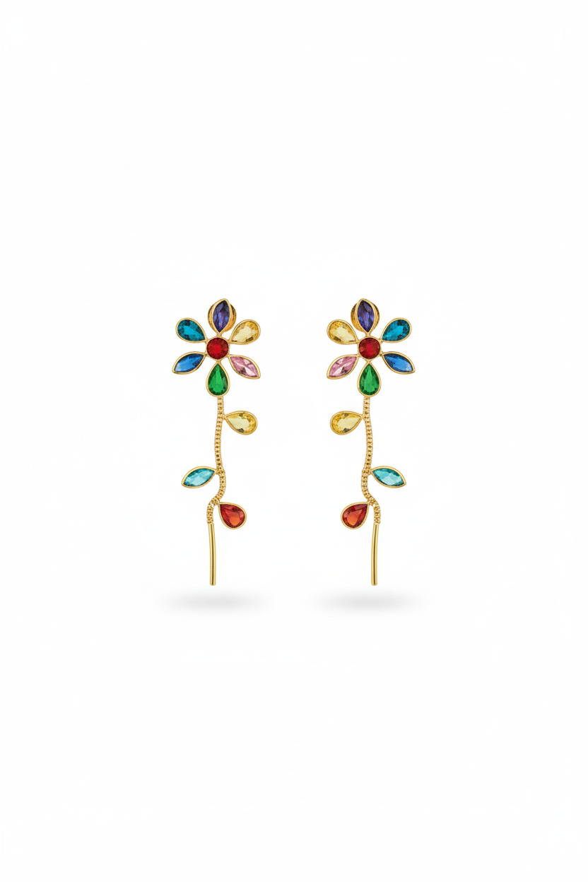 Multicolor Floral Ear Climber Threader Earrings | Natural Stones, Gold‑Plated Brass