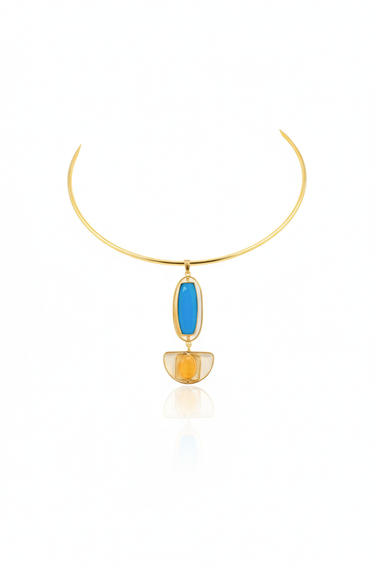 Hansuli Necklace with Dual‑Tone Geometric Pendant – Blue & Yellow Stones | Brass Anti Tarnish | Lightweight