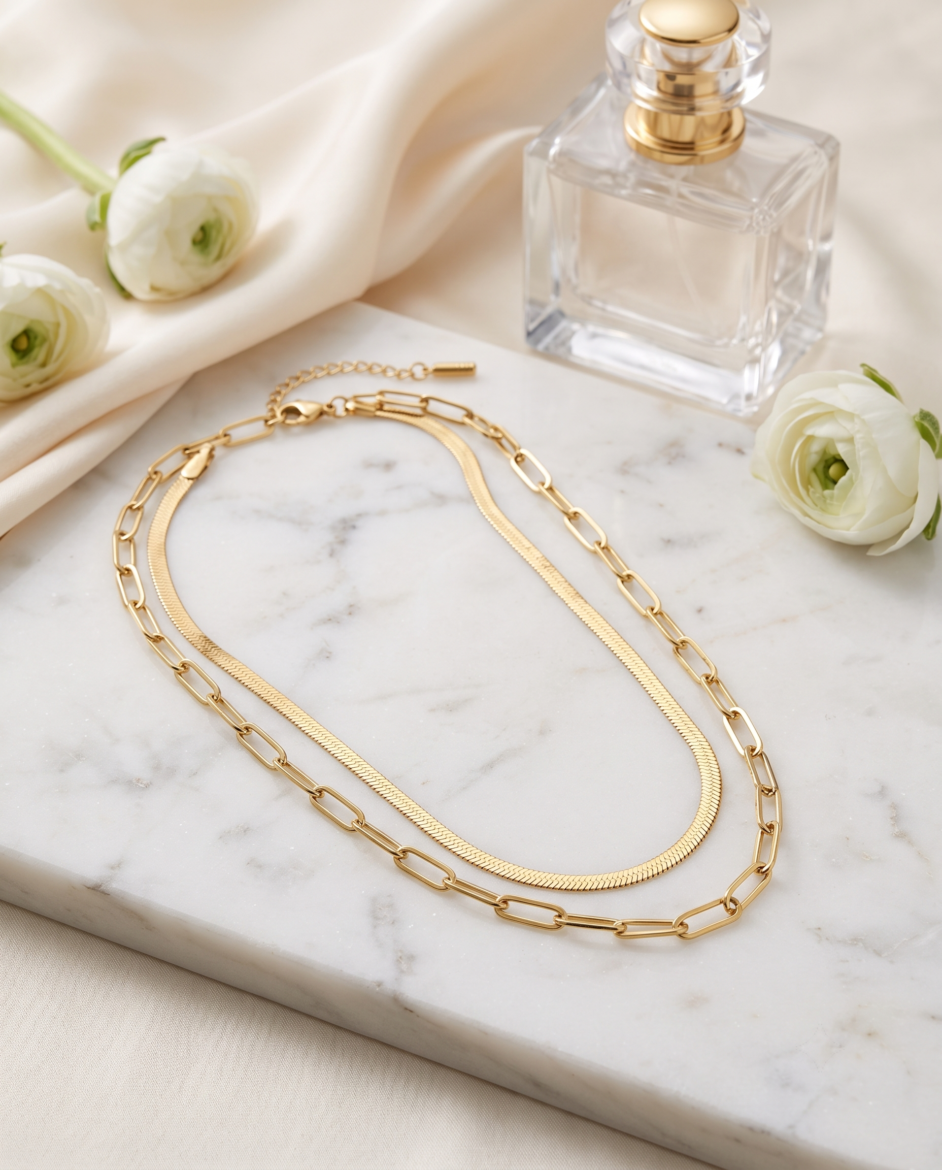 Double layer paperclip and snake chain necklace, 18K gold plated – worn styled shot