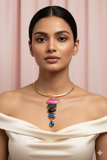 Layered Multistone Hansuli Necklace | Brass Anti Tarnish | Lightweight