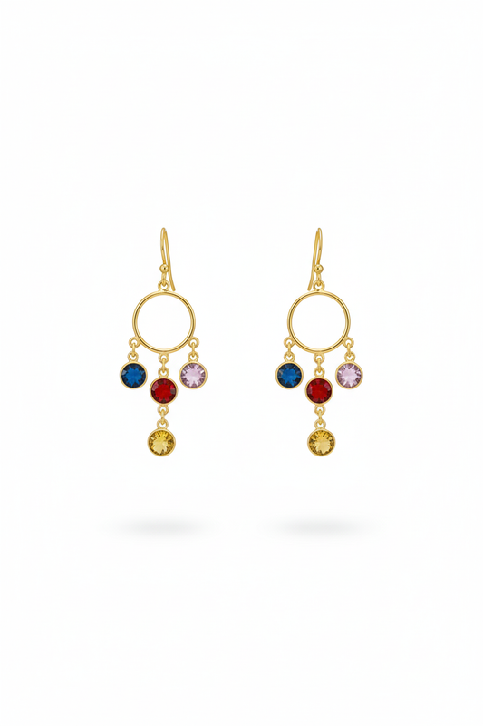 Circle Charm Dangle Earrings – Multicolor Natural Stones | Gold‑Plated Brass