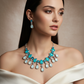 Aqua Blue Korean Glass Stone Jewelry Necklace Set | Rhodium Plated Statement Jewelry with Earrings