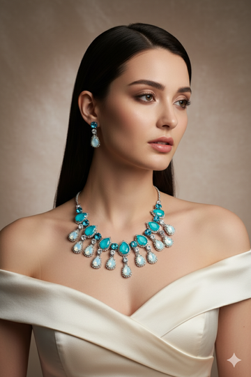 Aqua Blue Korean Glass Stone Jewelry Necklace Set | Rhodium Plated Statement Jewelry with Earrings