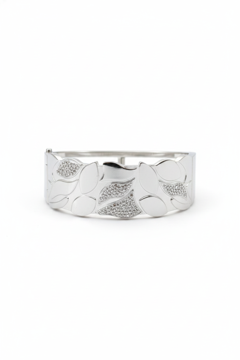 Anti-Tarnish Silver Leaf Harmony Bracelet – Textured & Gloss Finish Cuff