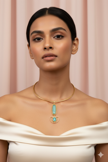 Hansuli Necklace with Art‑Deco Aqua Pendant | Brass Anti Tarnish | Lightweight