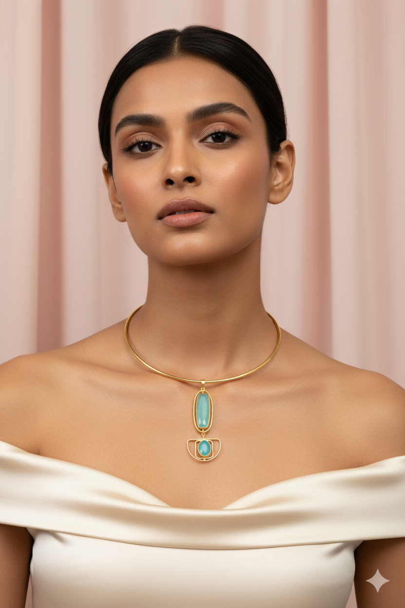 Hansuli Necklace with Art‑Deco Aqua Pendant | Brass Anti Tarnish | Lightweight