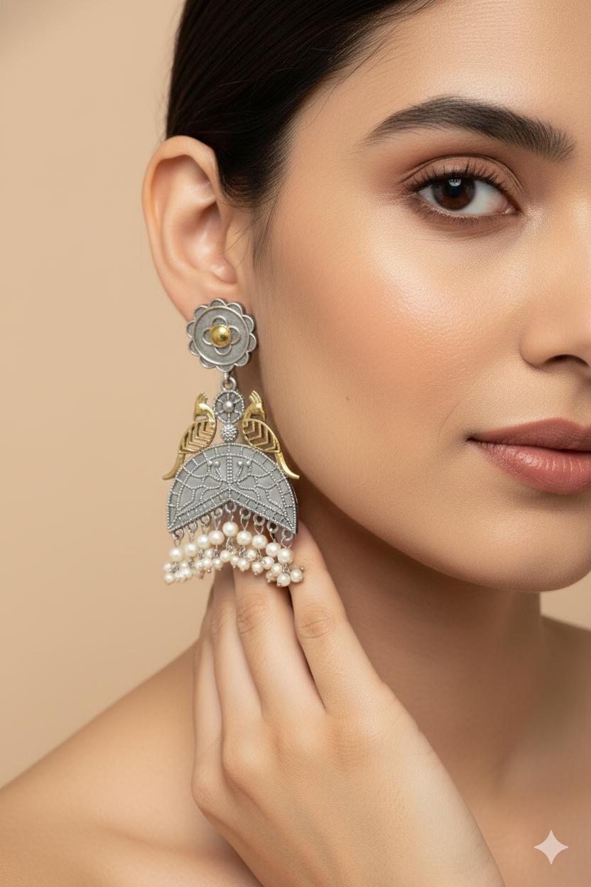 Dual Peacock Oxidised German Silver Earrings with Pearl Drops – Antique Gold & Silver Finish